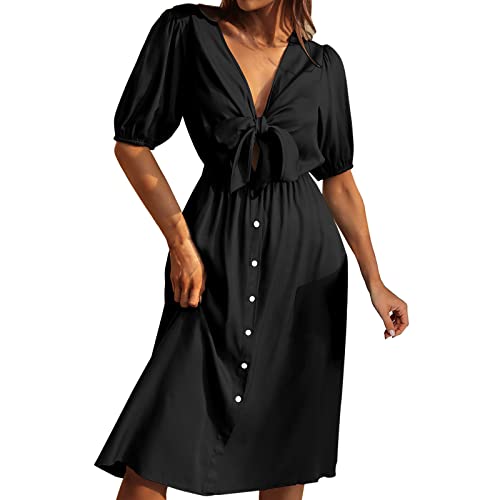 Vestido Midi de para Mujer Elegante Manga Larga Vestido de Cintura Alta Botón Frontal Cinturón con cordón Un Vestido Forrado Vestido De Mujer Invierno (Black, M)