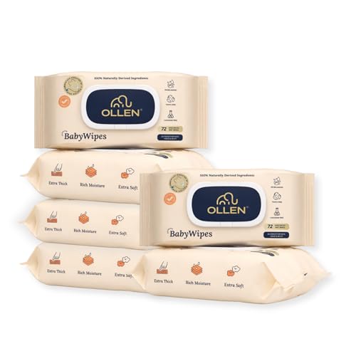 Image of OLLEN Pure water Unscented Baby Wipes with lid- Safe, 100% Plant Made Fabric, Cotton Cloth Like Super thick, Dermatologically Tested- Natural Wet Wipes with Aloe vera & Chamomile (Pack of 6)