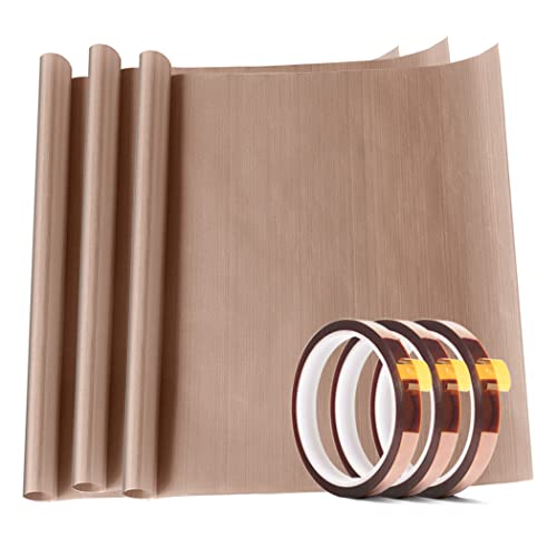 3 Pack PTFE Teflon Sheet 16 x 20 and 3 Rolls 10mm X 33m Heat Resistant Sublimation Tape for Heat Press Transfer Non Stick Paper Reusable Heat Resistant Craft Mat Protects Iron for Heat Press Machines