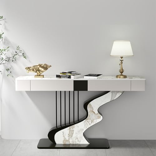 Consola Moderna Recibidor Decoración Y Almacenamiento,Mesa Consola Con Estampado De Mármol,fácil Montaje,Diseños Creativos De Patas De Mesa De Metal,para Entrada Recibidor Y Salón(Natural+Black,120cm)