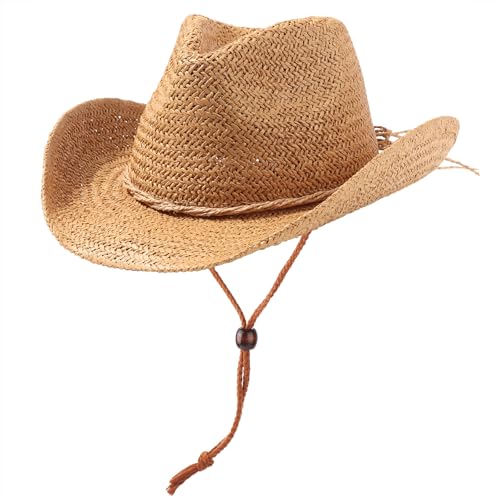 Image of DRESHOW Straw Cowboy Cowgirl Hat for Women Men Western Coastal Cowboy Beach Hat with Shapeable Brim Unisex Rolled up Caps