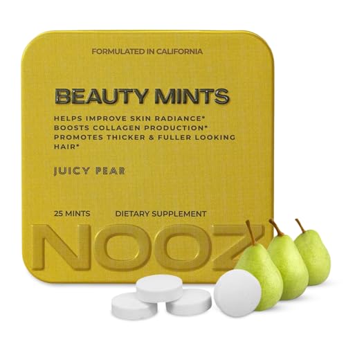 NOOZ Beauty Mints - Sugar-Free Biotin Mint for Glowing Skin, Healthy Hair & Strong Nails - Juicy Pear Flavor | Travel-Friendly Supplement with Antioxidants, Vitamin C, B6 & B12 | Non-GMO, 25 Mints
