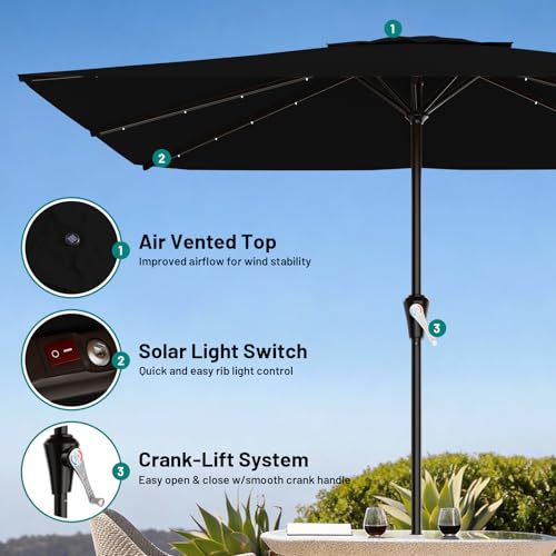 Image of AreShark 8' X 10' Rectangular Patio Umbrella with Solar Lights, Lighted Solar Umbrella with Crank, Outdoor Table Umbrella for Garden, Deck, Backyard, Pool and Beach, Black