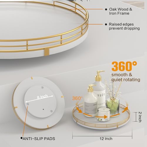 Image of 12 inch Wooden Lazy Susan Turntable for Cabinet - Round Rotating Spice Rack Organizer, White Kitchen Countertop Tray for Dining Table & Pantry Storage (White & Gold)