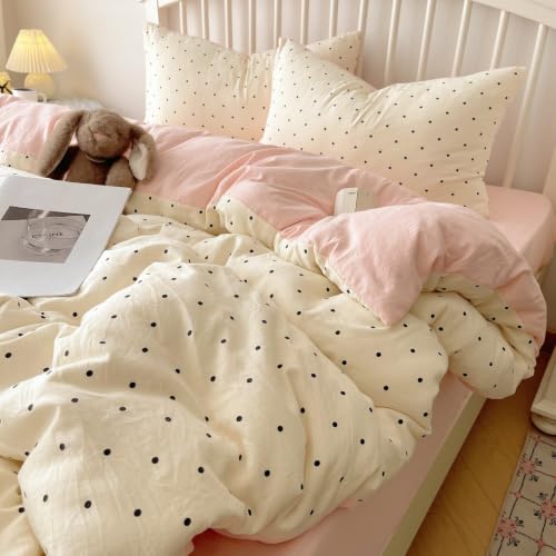 Image of Nayoroom Pink Polka Dot Duvet Cover Set Full Black White Dots Bedding
