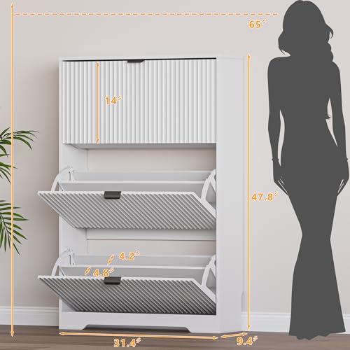 Image of BORNOON Entryway Shoe Cabinet with 3 Flip Drawers, Narrow Shoe Organizer Cabinet with Fluted Panel and Adjustable Shelves for Foyer, Hallway