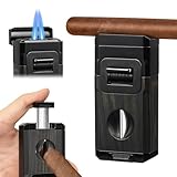 YUSUD Cigar Torch Lighter with Cutter & Holder, Refillable Butane Torch with Visible Gas Window & Windproof Dual Jet Flame, Unique Lighter for Candles, Cool Cigar Gifts