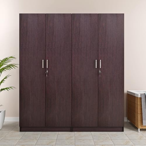 Image of VIKI Wardrobe | Wooden Almirah for 4 Door with Shelves & 2 Hanging Space Wardrobe (Dark Wenge - 40D x 160W x 180.8H) | 1 Year Warranty | Free Assembly