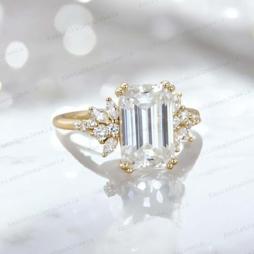1.50 Carat Emerald Cut Moissanite Engagement Ring Handcrafted Cluster Ring in 14K Rose Gold Statement Jewelry for Women 4th of July Surprise Gift for Wife3