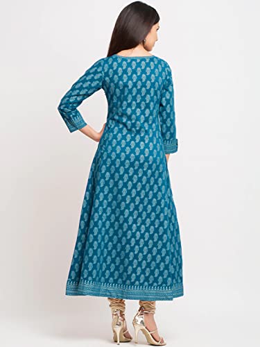 Image of Yash Gallery Women's Cotton Relaxed Fit Anarkali Plus Size Gold Printed Kurta