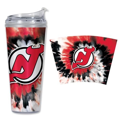 Image of Rico Industries NHL Hockey Team Color Tie Dye 24oz Metallic Acrylic Tumbler with Hinged Lid, Officially Licensed Double Wall Tumbler with Straw