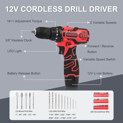 image for COMOWARE Home Tool Kit with Drill, 169PCS Household Tool Kit with 12V 