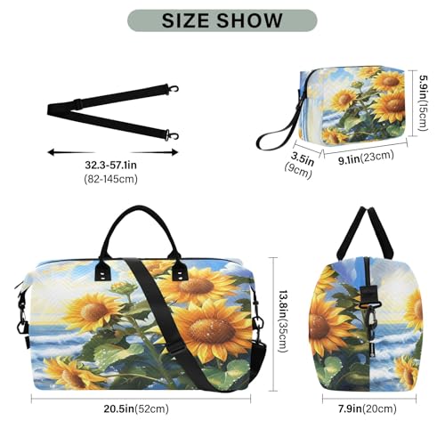 Weekender Bags Travel Duffel Gym Bag Sunflowers Seaside Carry on Overnight Tote Bag with Toiletry Bag for Airplane Travel Trip Gym Yoga3