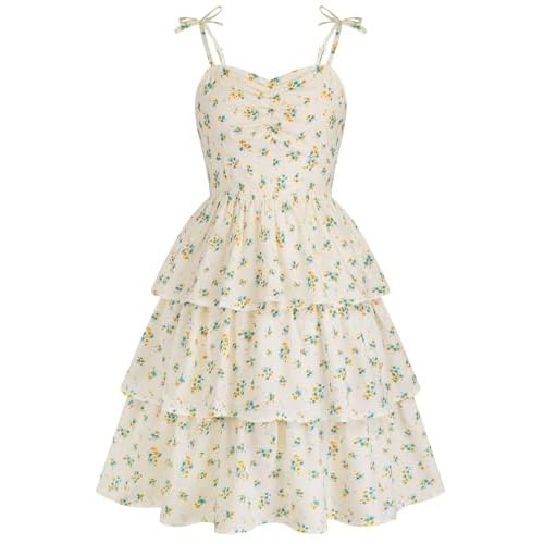 HOZIY Girls Summer Dress Teen Spaghetti Strap Ruched Sweetheart Short Dresses Kids Junior Ruffle Tiered Sundresses 7-16 Years 13-14 Years Light Yellow Floral