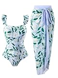 Women's One Piece Swimsuit with Cover Up Modest Bathing Suits with Cover Up Set Sarong Wrap Swim Suits for Women Slimming Swimwear Retro Floral Two Piece Swimsuits Green Leaf Small