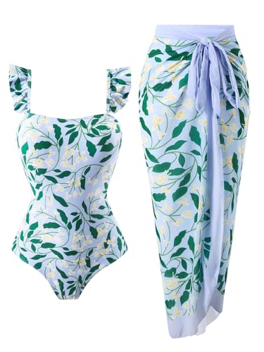 Women's One Piece Swimsuit with Cover Up Modest Bathing Suits with Cover Up Set Sarong Wrap Swim Suits for Women Slimming Swimwear Retro Floral Two Piece Swimsuits Green Leaf Medium