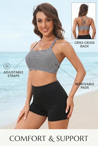 Image of 3 Piece Swimsuits Open Tie Back Tankini Top And Athletic Swim Shorts | Supportive Strappy Swim Bra, Adjustable Straps, Removable Pads, Tummy Control Boy Shorts, Quick Dry Fabric, XXS-20 Plus