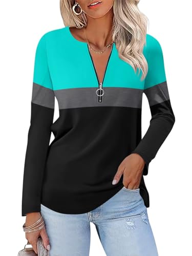 ORANDESIGNE Women's Long Sleeve Shirts Color Block Zipper Tops Tunics Casual Fall Ladies Tees