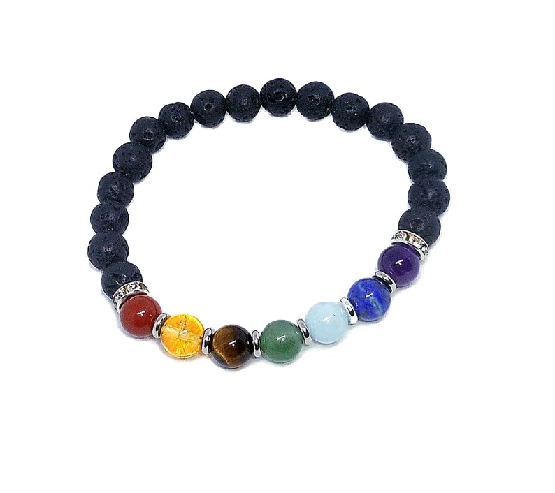 Bracelet 7 chakras et pierre de lave noire perles 8mm LKBEADS pour homme et femme
