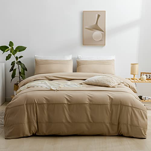 Jellymoni King Size Khaki Duvet Cover Set - 3Pcs Microfiber Bedding Set, Stylish Pleated Design, 8 Corner Ties & Zipper Closure, Ultra Soft And Comfortable #TOP1