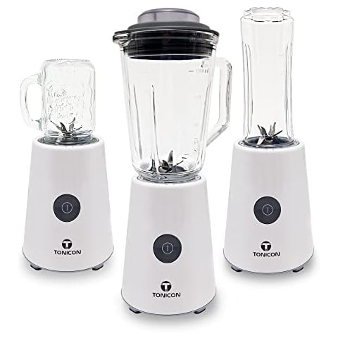TONICON Smoothie-Maker | 3in1 Mini Mixer | 6-Edelstahl-Messer Blender | 500 Watt Standmixer | Glas-Behälter Inkl. Trinkfalsche to go BPA-Frei Cover