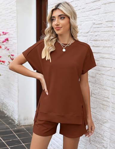 Image of LOMON Womens Fashion 2 Piece Outfits Sweatsuits 2026 Summer Short Sleeve Loungewear Tracksuit Round Neck Lounge Shorts Sets