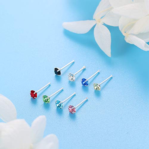Sllaiss 8Pcs 22G Sterling Silver Nose Rings Studs Pin For Women Men 3Mm Mix Color Round Czech Crystal Nose Body Piercing Jewelry #TOP4