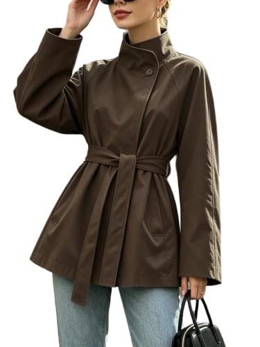 utcoco Womens Open Front Trench Coat 2026 Fall Outfits Fashion Stand Collar Windproof Overcoat Outerwear with Belt (Medium, Coffee)