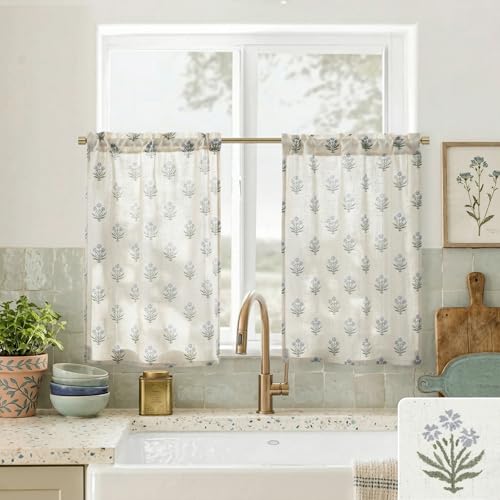Lino Rosa Small Curtains for Windows,Sheer Floral Farmhouse Linen Cafe Curtains 20 Inch Length