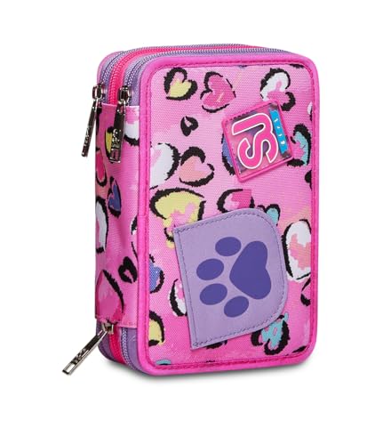 Trousse d'école 3 zip SJ Gang rose fuchsia Fleecy Girl avec triple compartiment complet