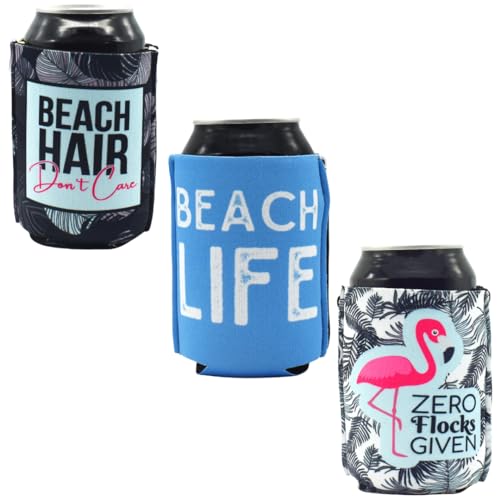 NONMAGNET - Adjustable All-In-One Coozie with Zippers for Cans, Bottles, Slim Cans, Pint Glasses, Cups, Coffee – Can Cooler - Insolated Neoprene Sleeve - Beach Life, Beach Hair, Zero Flocks (3 Pack)