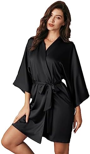 AW BRIDAL Women's Black Silk Robe, Short Satin Kimono Robe Bridal Party Robes for Brides Bridesmaids, Black M