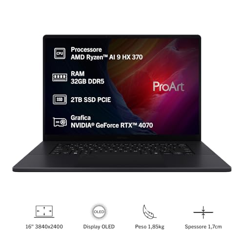 ProArt P16 OLED H7606WI#B0D5RH8WWR, Notebook in alluminio con Monitor da 16" Glossy, AMD Ryzen™ AI 9 HX 370, RAM 32GB, 2TB SSD PCIE, NVIDIA® GeForce RTX™ 4070, WIN 11 HOME, Nero - Notebook - Immagine 1