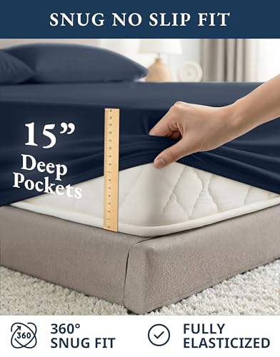 Image of LANE LINEN 100% Organic Cotton California King Bed Sheets, 4-Piece Pure Percale Sheets Soft Breathable Cotton Bed Sheets, Deep Cal King Sheets for Thick Mattress - Navy