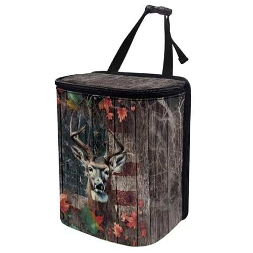 Image of Talayituse Deer Wood American Flag Print Car Trash Can, Portable Auto Garbage Bin Multifunctional Vehicle Interior Accessories with Adjustable Straps Universal Fit Truck SUV Sedan