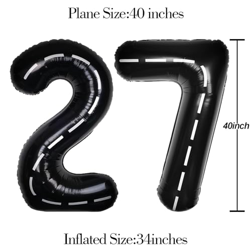 Image of Race Car 40 Inch Black 27 Big Large Helium Balloon Number 0-9 | Track Giant Digital 27th Foil Mylar Party Balloons for Men Birthday Car Theme Party Anniversary Graduation Decorations