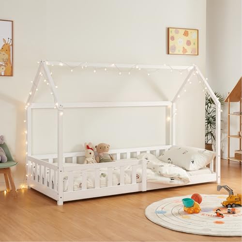 [en.casa] Kinderbett Hesel Hausbett Weiß 90 x 200 cm mit...