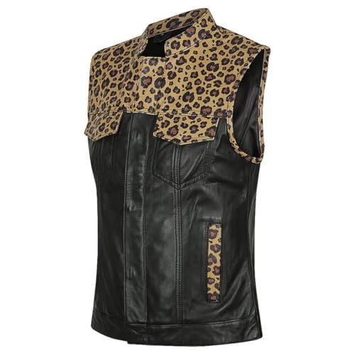 Women's Black Real Leather Jacket Vest, Distressed leather vest women, Leopard print fashion vest womens2