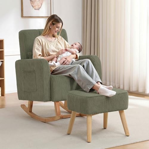 Image of HCHAIRH Rocking Chair with Ottoman, Upholstered Glider Rocker with High Backrest and Side Pocket, Corduroy Comfy Reading Chair with Solid Wood Legs for Nursery, Living Room,Bedroom Olive Green