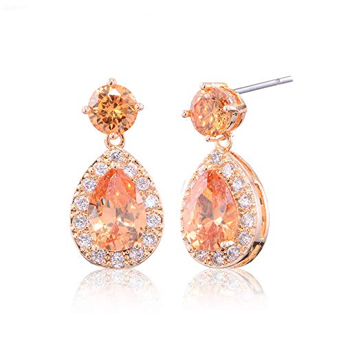 Citrine Dangle Earrings For Women - Small Sterling Silver Halo Round Teardrop Champagne Crystal Cubic Zirconia Cz Bridal Drop Earrings For Wedding Bride Bridesmaids Gift Dance Earring For Girls #TOP11