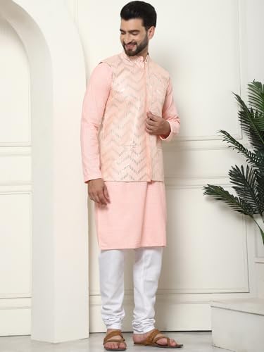 Image of SOJANYA (Since 1958 Men's Cotton Linen Maroon Kurta and White Pyjama with Mustard Cotton Nehru Jacket