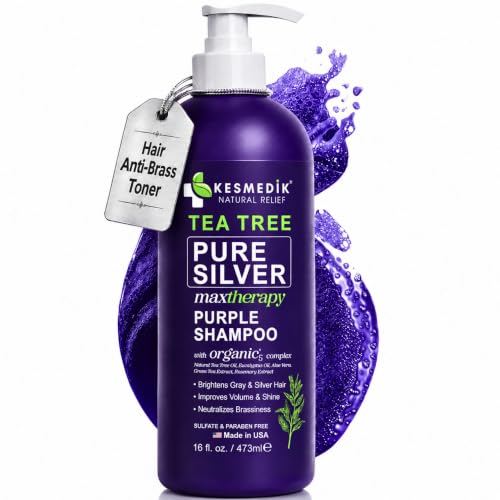 Image of KESMEDIK Tea Tree Purple Shampoo for Bleached Blonde, Silver & Gray Hair, Anti-Brass Toning, Cleans & Hydrates Hair, Refreshes Itchy Scalp, Sulfate-Free Botanical Formula, 16 fl oz