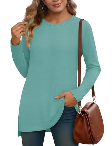 JUSTFASHIONNOW Long Sleeve Shirts for Women Casual Crew Neck Side Split Fall Tops Loose Fit Tunic 2025 Fashion Outfits