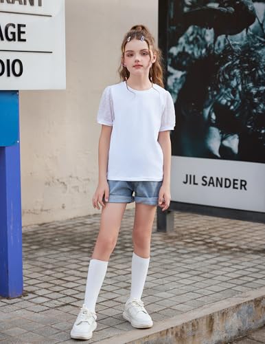 Arshiner Mädchen Tshirt Chiffon Ärmel Sommer Kinder Bluse Baumwolle Freizeit Elegant Kurzarmshirt Mode Rundhals Basic T-Shirts für Mädchen 11-12 Jahre Weiß