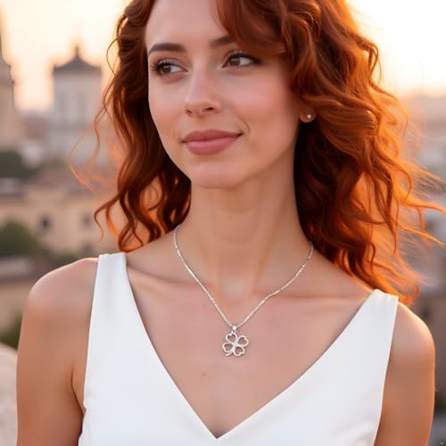 925 Sterling Silver Four Leaf Clover Necklace - Rhodium Plated Shamrock Pendant with 20" Inch Chain White CZ - Good Luck Charm - Irish Jewelry Gift for Women - Handmade2