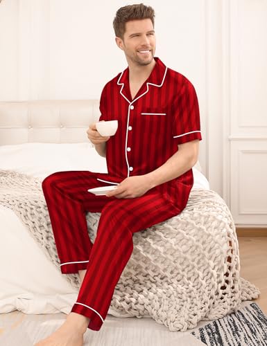 Image of SWOMOG Mens Satin Pajama Set Short Sleeve Classic Sleepwear Button Down Silky Loungewear with Long Pants