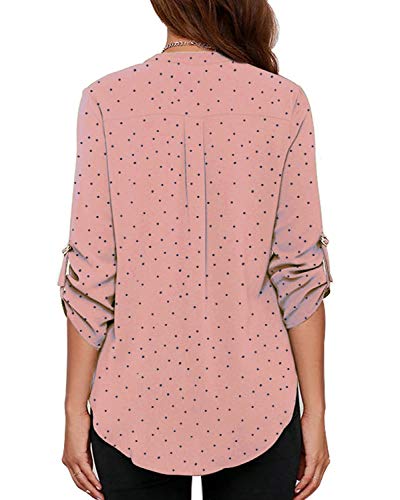 roswear Women's Casual Polka Dots Roll Tab Long Sleeve Blouse Pink XL