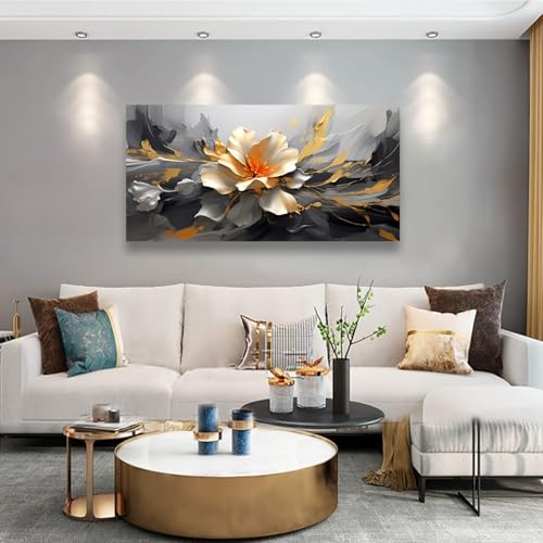 Fleurs imprimées sur toile lotus dorés tableau abstrait moderne 30x65