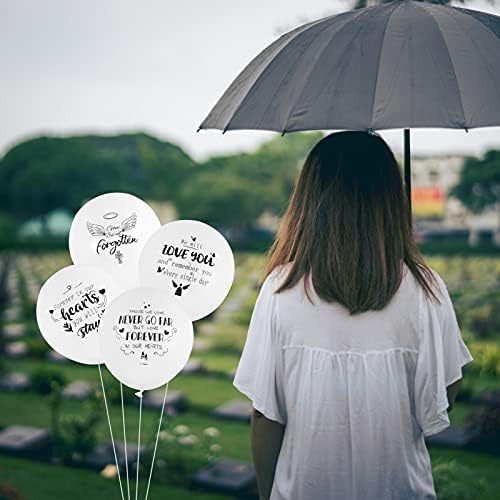 Xinzistar 60 Pieces White Funeral Balloons Memorial Remembrance Balloons Biodegradable Helium Balloons with 4 Patterns & 3 Rolls 32 feet Balloon Ribbon for Funeral Memorial Decoration
