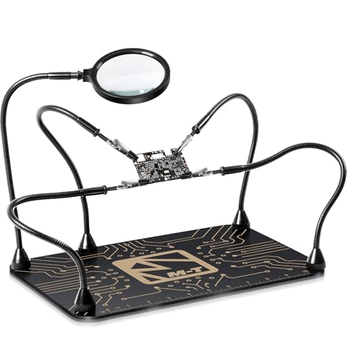 M-T Helping Hands Soldering Station, Magnetic Third Hand Tool PCB Holder with 5X Magnifying Glass 13×9 IN Non-Slip Steel Weighted Base 4 Arms for Electronic Repair Soldering Jewelry Crafts and Welding